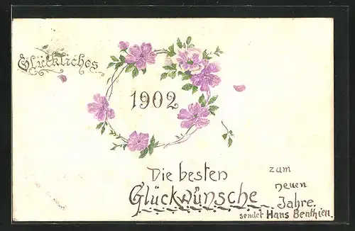 Präge-AK Neujahrsgruss mit Jahreszahl 1902 und Blumenkranz