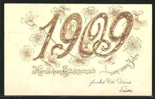 Präge-AK Neujahrsgruss mit Jahreszahl 1909 und Blumen