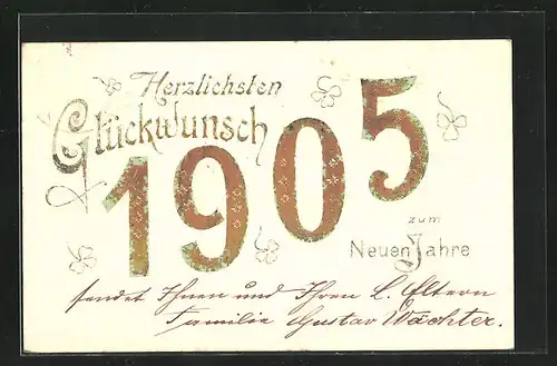 Präge-AK Neujahrsgruss mit Jahreszahl 1905 und Klee