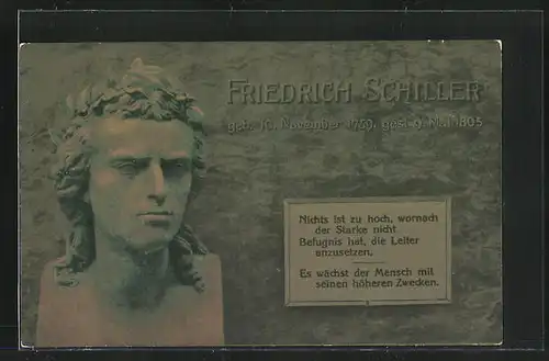 AK Bekränzte Büste des Dichters Friedrich Schiller
