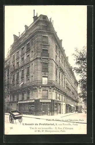 AK Paris, L`Avenir du Prolétariat, 8, Rue Pernelle, Vue de ses immeubles: 2, Rue d`Alencon et 46, Boulevard Montparnasse