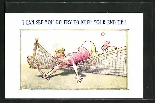 AK I can see you do try to keep your end up!, Frau fällt über Tennisnetz