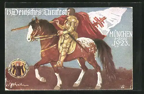 Künstler-AK München, 13. Deutsches Turnfest 1923, Ritter zu Pferde mit Fahne