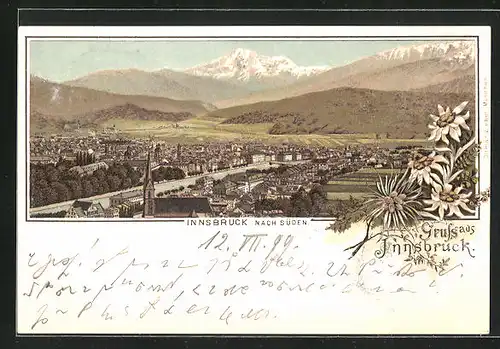 Lithographie Innsbruck, Ortsansicht Richtung Süden mit Alpen