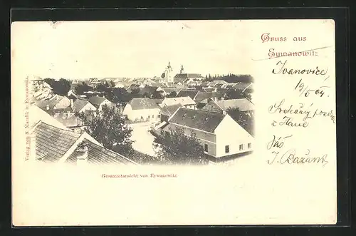 AK Eywanowitz, Ortsansicht mit Wohnhäusern und Kirche