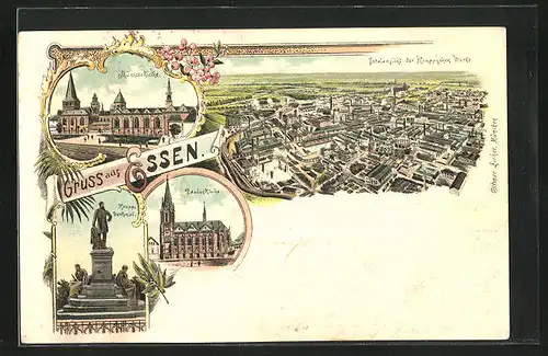 Lithographie Essen, Totalansicht mit Münsterkirche, Pauluskirche und Krupp-Denkmal