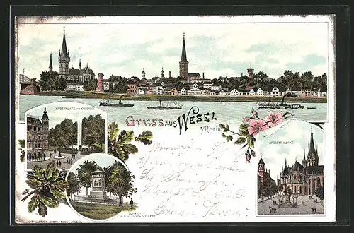 Lithographie Wesel, Kaiserplatz mit Hotel Kaiserhof, Grosser Markt, Panorama