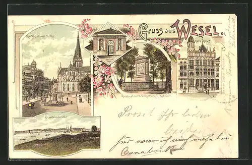 Lithographie Wesel, Rathaus, Marktplatz mit Kirche, Denkmal der 11 Schill'schen Offiziere