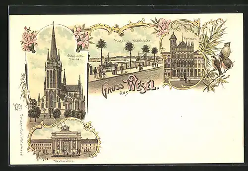 Lithographie Wesel, Rathaus, Berliner Tor, Willibrordi-Kirche