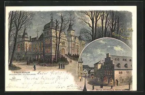 Lithographie Dortmund, Gasthaus Fredenbaum und Altes Rathaus bei Nacht