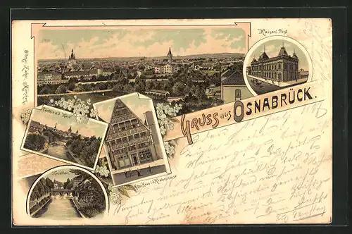 Lithographie Osnabrück, Altes Haus in der Krahnstrasse, Postamt, Totalansicht