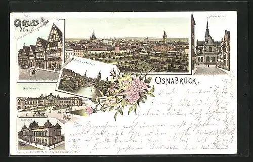 Lithographie Osnabrück, Partie in der Bierstrasse, Bahnhof, Post, Ortsansicht