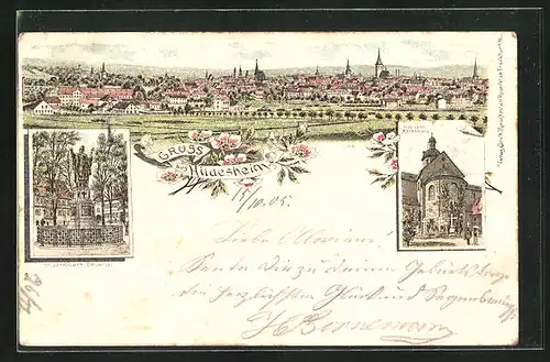 Lithographie Hildesheim, Panorama mit St. Bernward-Denkmal und 1000 jähr. Rosenstock