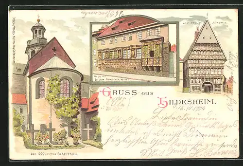 Lithographie Hildesheim, Knochenhauer Amtshaus, Haus mit Bildern Römischer Kaiser