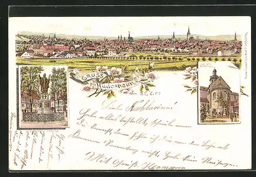 Lithographie Hildesheim, Panorama mit St. Bernward-Denkmal und 1000 jähr. Rosenstock