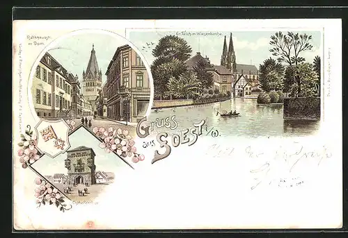 Lithographie Soest i. W., Rathausstrasse mit Dom, Grosser Teich mit Wiesenkirche, Osthofentor
