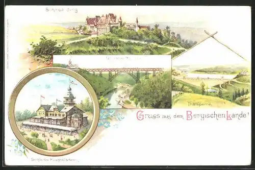 Lithographie Müngsten, Schloss Burg, Grosse Brücke, Talsperre, Schloss Küppelstein