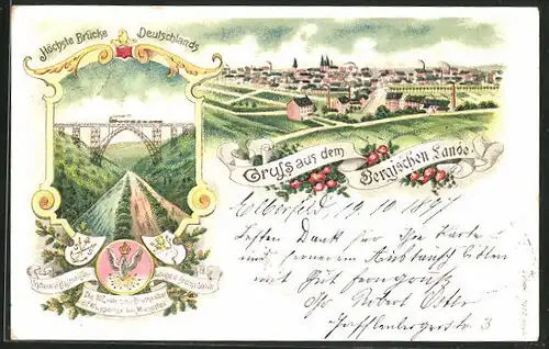 Lithographie Müngsten, Kaiser-Wilhelm-Brücke, Ortsansicht