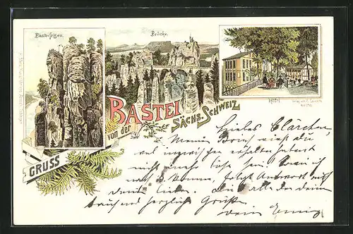 Lithographie Bastei, Basteifelsen und Brücke