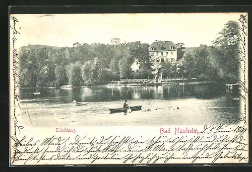 AK Bad Nauheim, Teichhaus mit Boot und Schwänen