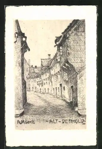 Künstler-AK Detmold, Strassenpartie mit alten Häusern