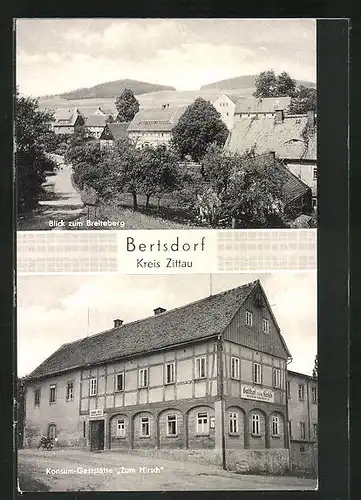 AK Bertsdorf, Gasthaus Zum Hirsch, Blick zum Breiteberg