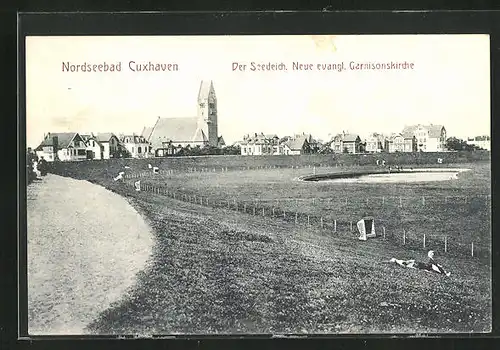 AK Cuxhaven, Blick auf Seedeich und Garnisonskirche