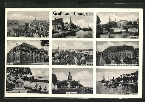 AK Emmerich a. Rhein, Postamt, Hafen, Kriegerdenkmal