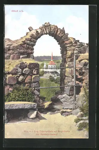 AK Halle a.S., Blick v.d. Burg Giebichstein auf Bergschenke und Bismarck-Denkmal