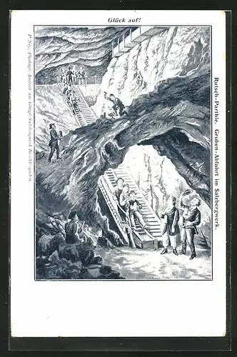 AK Rutsch-Partie, Arbeiter bei der Gruben-Abfahrt im Salzbergwerk