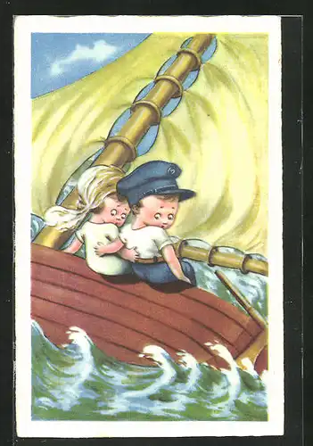 AK Kinderpaar auf schaukelndem Segelboot, Segelsport