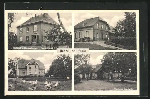 AK Braak bei Eutin, Gasthof Bredfeldt, Bäckerei mit Kolonialwaren v. Gust. Knaack, Garten mit Gänse