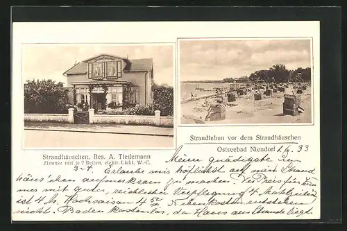 AK Niendorf, Hotel Strandhäuschen, Strandleben vor dem Strandhäuschen