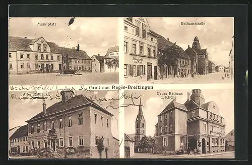 AK Regis-Breitingen, Rathausstrasse mit neuem Rathaus und Kirche, Marktplatz