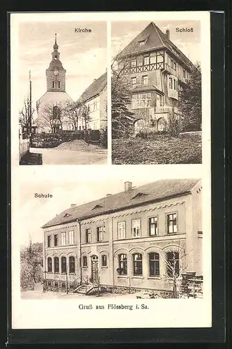 AK Flössberg i. Sa., Schule, Schloss, Kirche
