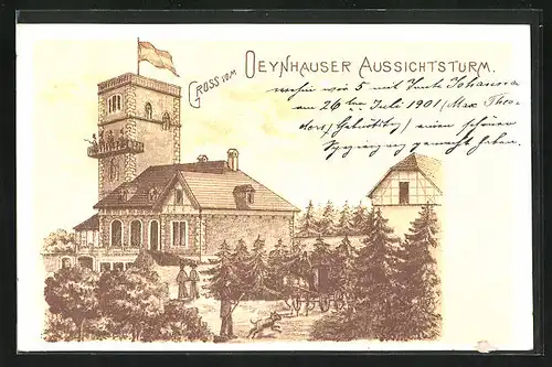 Lithographie Oeynhausen, Aussichtsturm mit Flagge