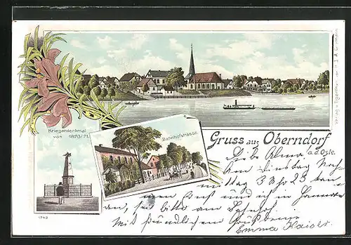 Lithographie Oberndorf, Bahnhofstrasse, Kriegerdenkmal von 1870, Ortsansicht mit Dampfer