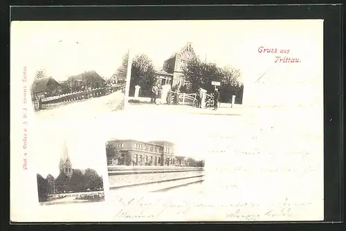 AK Trittau, Ortspartie mit Häusern, Kirche, Bahnhof