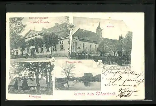 AK Oldenstadt, Gasthaus v. Heinrich Schröder, Kirche, Pfarrhaus, Wasserpartie