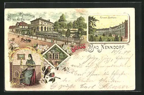 Lithographie Bad Nenndorf, Hôtel Hannover, Grosses Badehaus, Frau in Tracht am Spinnrad