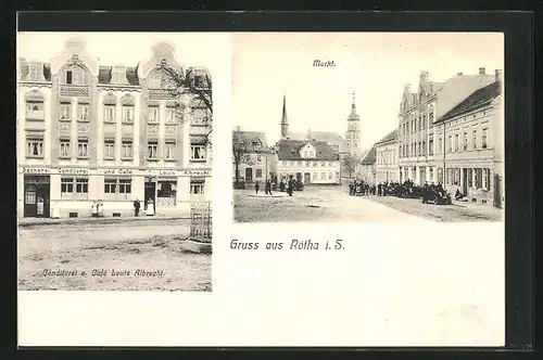 AK Rötha i. S., Konditorei u. Café Louis Albrecht, Markt mit Blick nach der Kirche