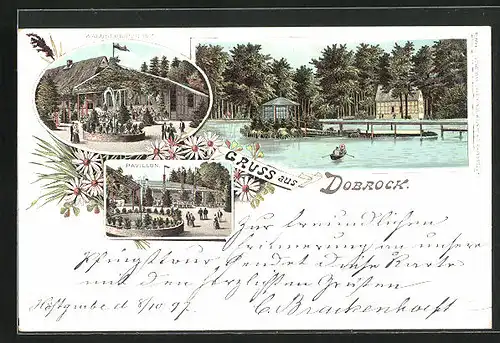 Lithographie Dobrock, Waldschlösschen, Pavillon, Weiher mit Ruderboot