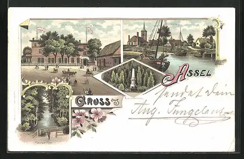 Lithographie Assel, Jahnke`s Gasthof zur Post, Hafen, Kriegerdenkmal, Fleetpartie