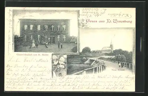 AK Kl. Wesenberg, Gastwirtschaft v. H. Möller, Neue Brücke mit Blick nach der Kirche