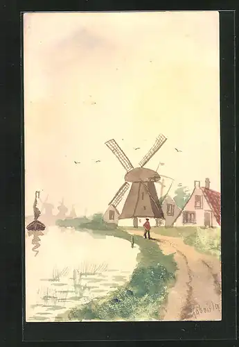 Künstler-AK Handgemalt: Windmühle mit Schiff
