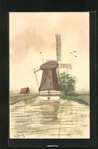 Künstler-AK Handgemalt: Windmühle mit Fluss