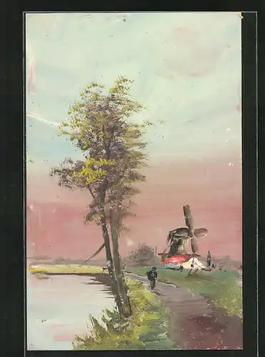 Künstler-AK Handgemalt: Spaziergang im Dämmerungslicht mit Windmühle