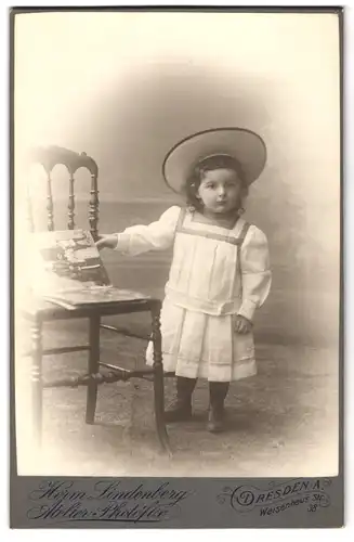 Fotografie Herm. Lindenberg, Dresden-A, Waisenhaus-Strasse 38, Portrait kleines Mädchen im Kleid mit Bilderbuch
