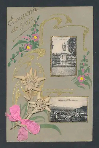 Trockenblumen-AK Gap, Blumengruss mit Edelweiss, Monument du Baron Ladoucette