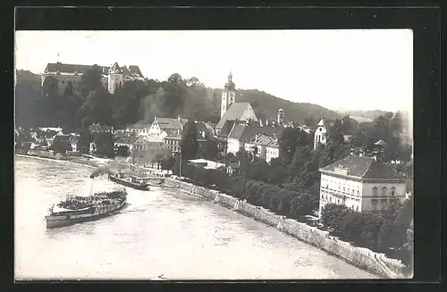 AK Grein a. d. Donau, Ortsansicht mit Dampfschiff